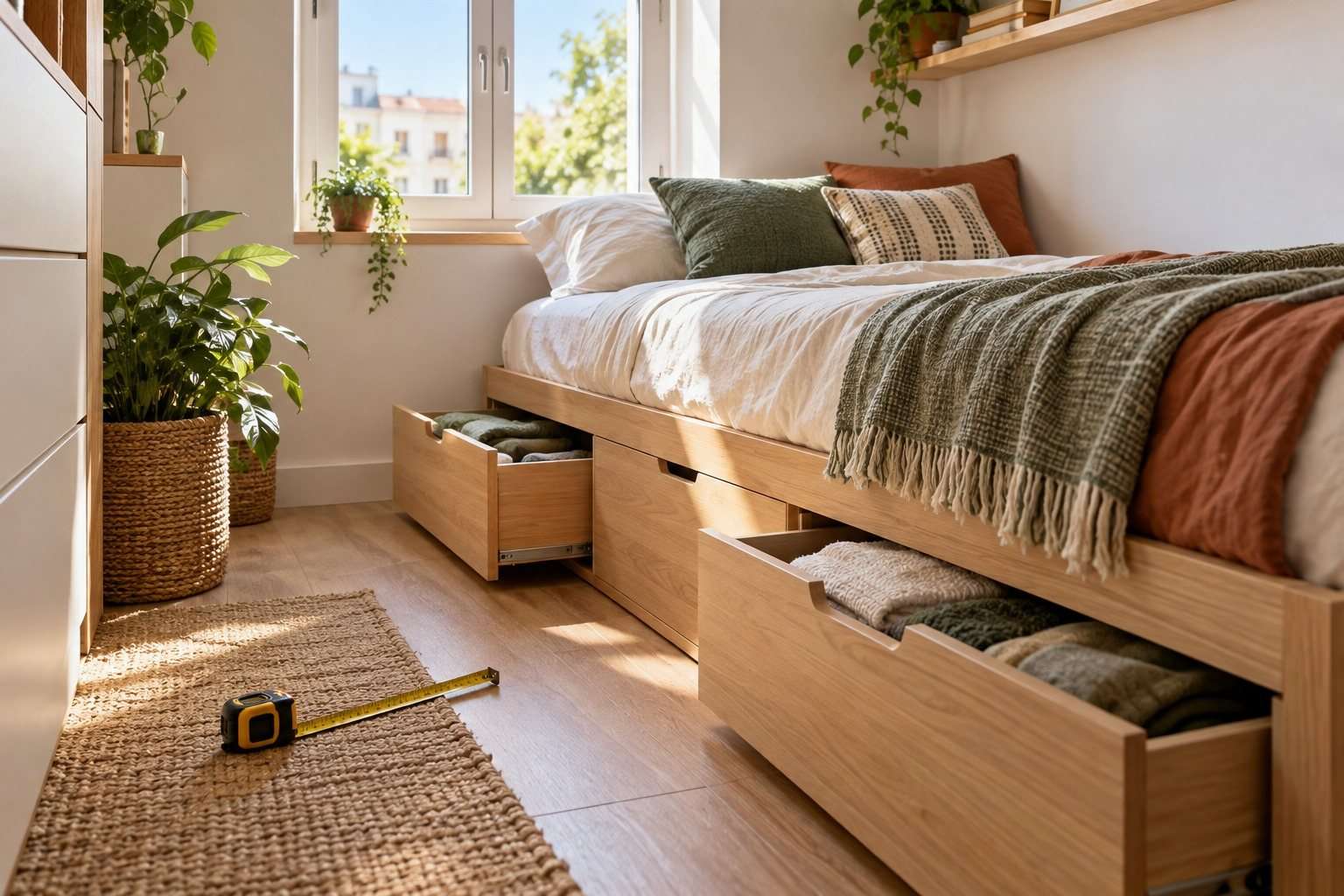 Cama con cajones laterales abiertos y una cinta métrica en el suelo del dormitorio.