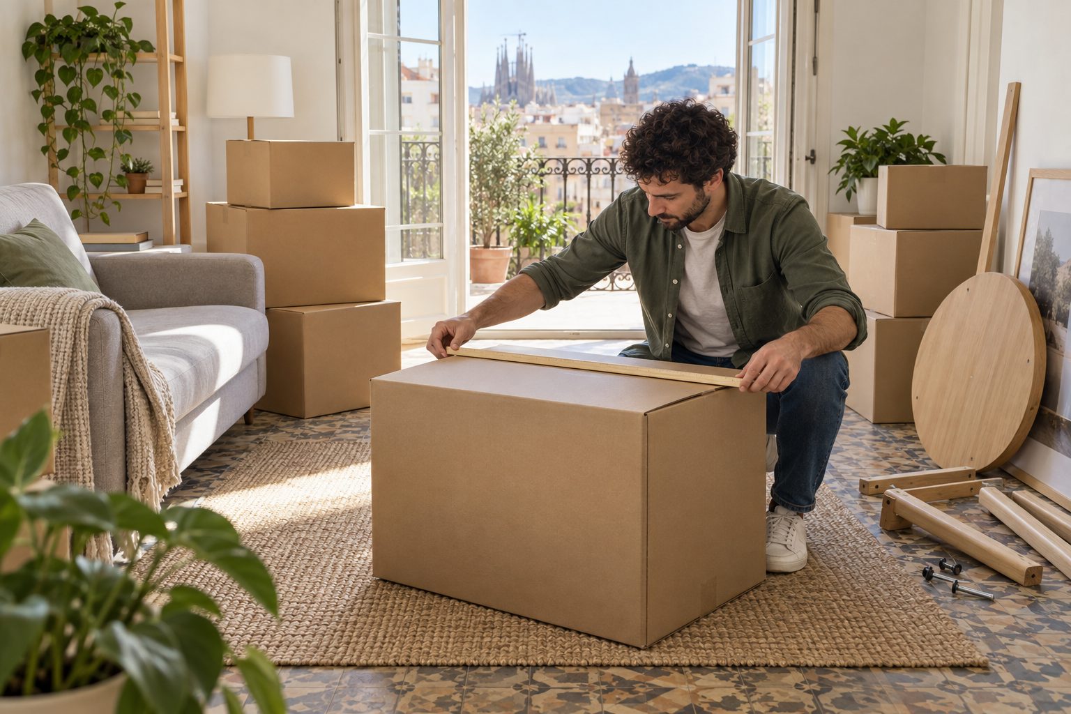 Persona midiendo una caja de mudanza en un salón con muebles y otras cajas