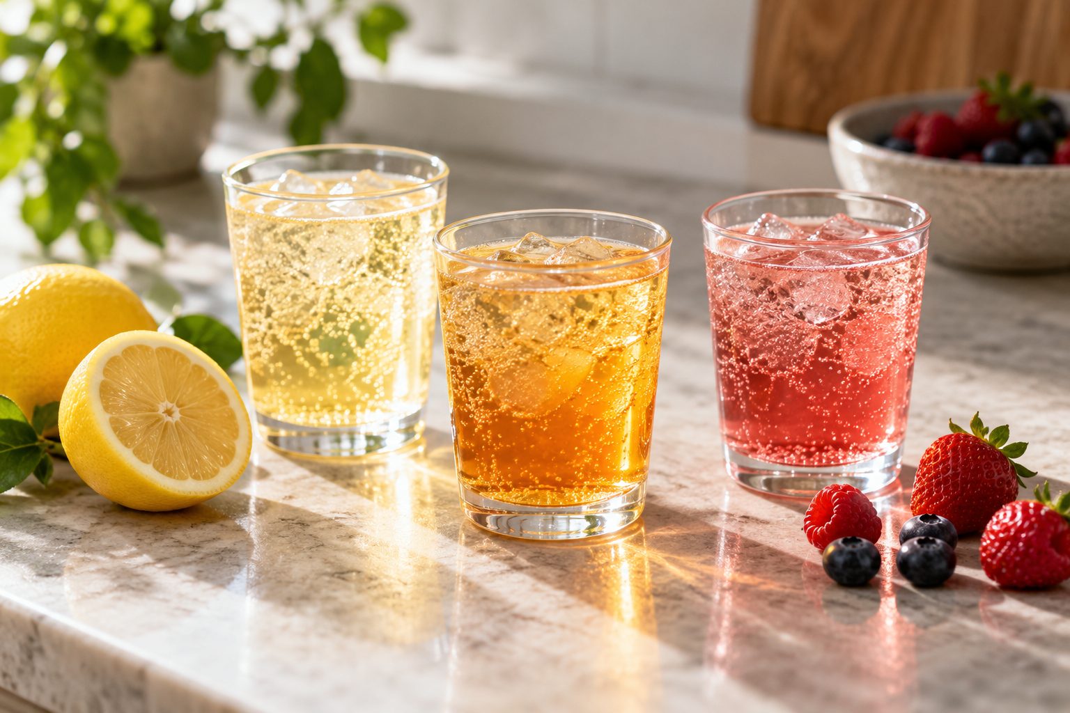 Tres vasos de bebidas con burbujas junto a limón y frutos rojos