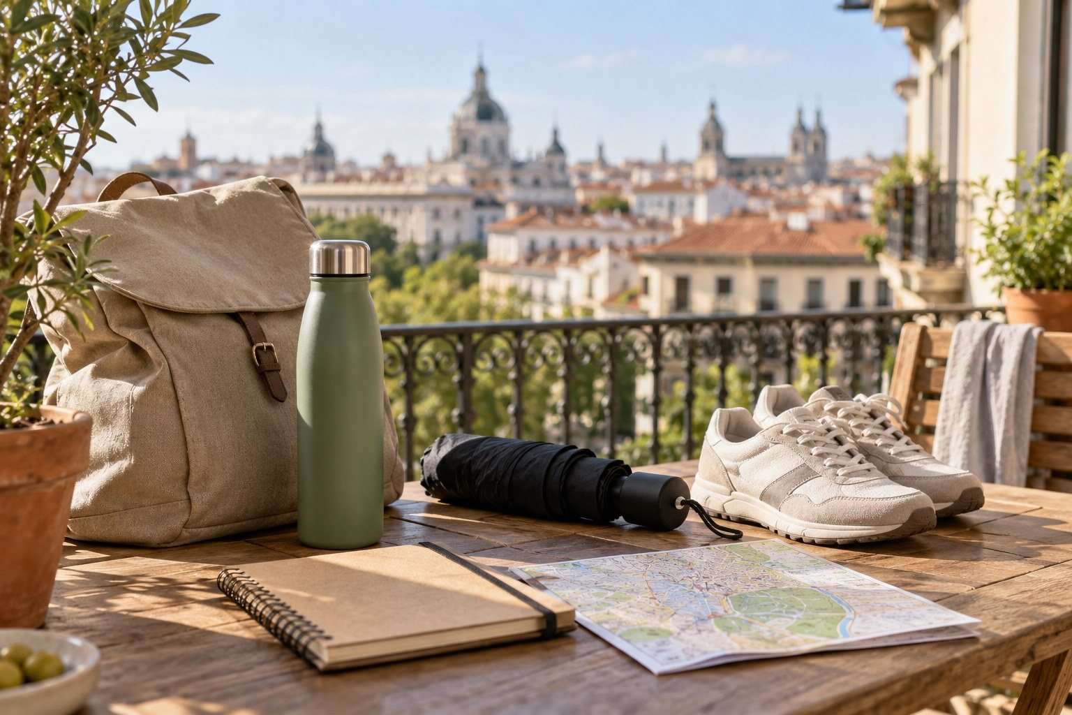 Mochila y objetos esenciales preparados para un paseo por Madrid
