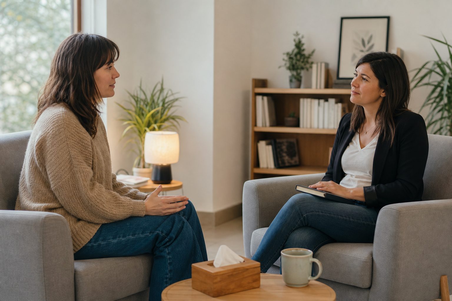 Psicóloga y paciente conversan durante una primera consulta en un despacho tranquilo.